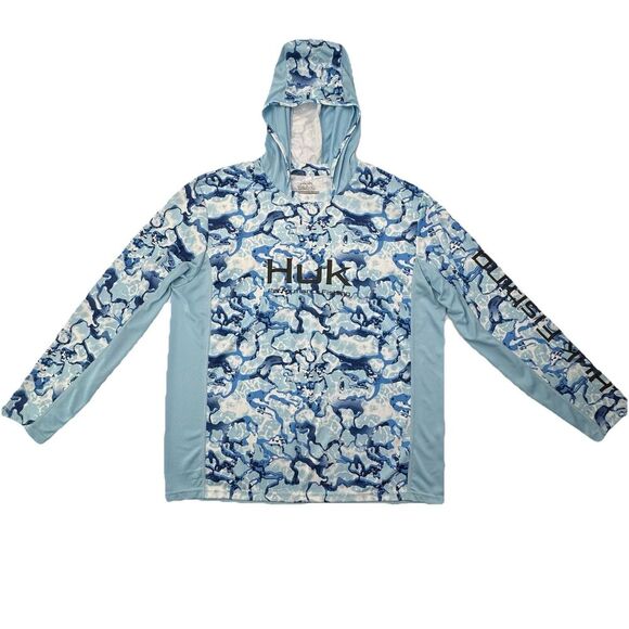 Huk Performance Fishing XL Hoodie Shirt Blue Camo Long Sleeve UPF Sun Protection - Picture 2 of 10
